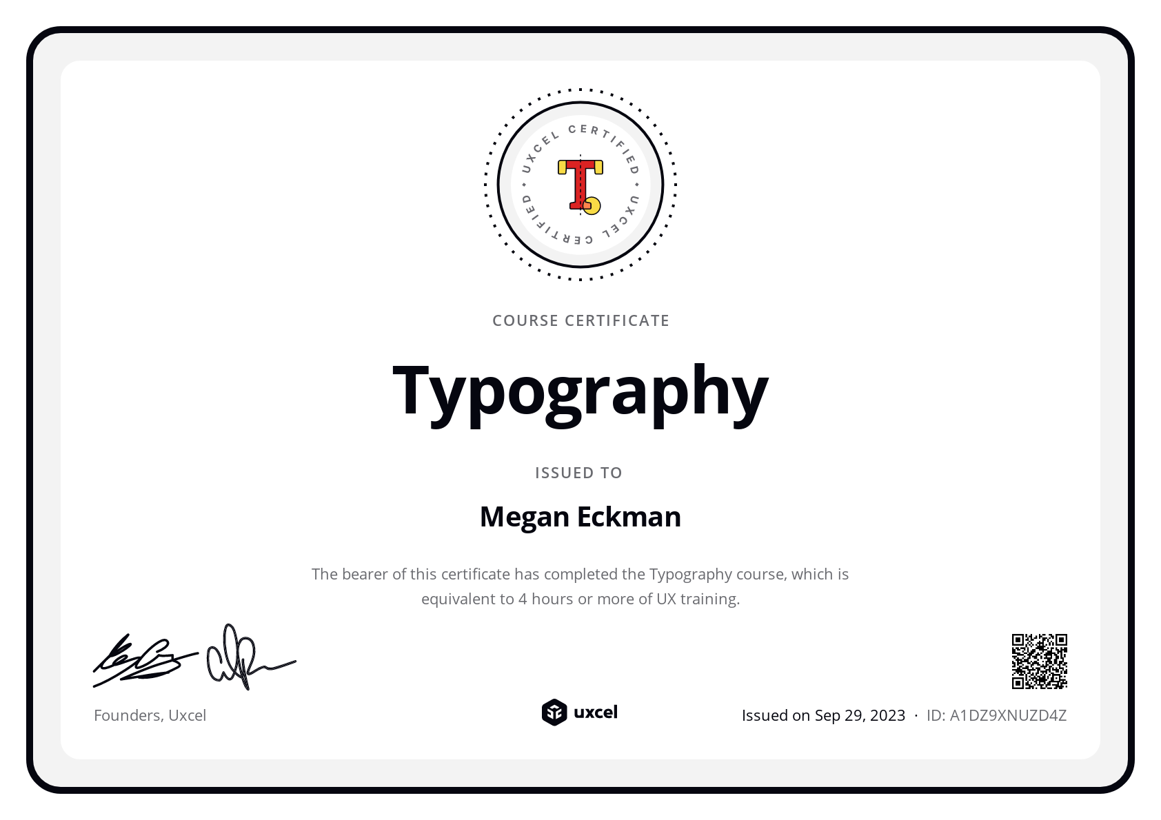 Megan Eckman's certificate